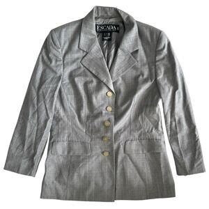 Vintage Escada Grey Contrast Stitch Gold Button Blazer Zegna Fabric Wool